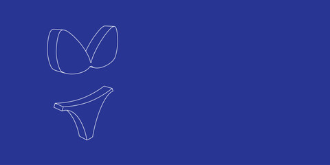 The outline of a large bikini symbol made of white lines on the left. 3D view of the object in perspective. Vector illustration on indigo background