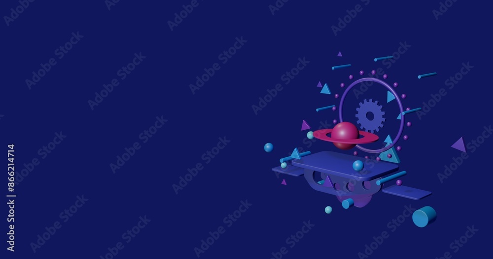 Canvas Prints Pink saturn symbol on a pedestal of abstract geometric shapes floating in the air. Abstract concept art with flying shapes on the right. 3d illustration on indigo background