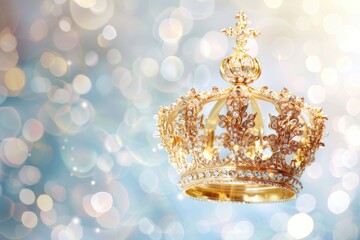  A regal and elegant golden crown hangs in mid-air against a pure and crystal-clear background