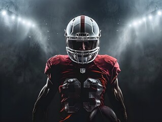 Powerful Football Player Standing in Illuminated Stadium Ready for Intense Sports Competition