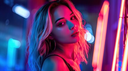 Woman fashion Modern elegant style night club vibrant neon background wallpaper AI generated image