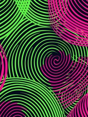Abstract swirling pattern in vibrant green and pink on a black background.