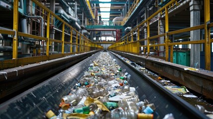 Fototapeta premium Industrial recycling facility with conveyor belt carrying plastic bottles and packaging materials for processing and sorting.