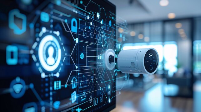 A sleek and modern commercial for a new home security system, demonstrating its features through various scenarios, such as monitoring, alerts, and remote access, with close-ups of the devices and a