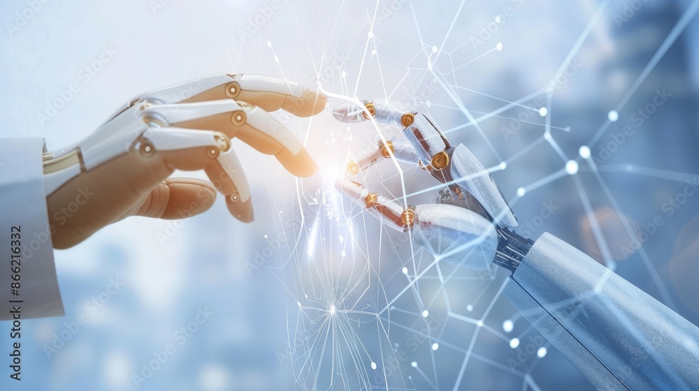 Poster a robot hand and human hand touching, with a digital network overlay, symbolizing artificial intelli