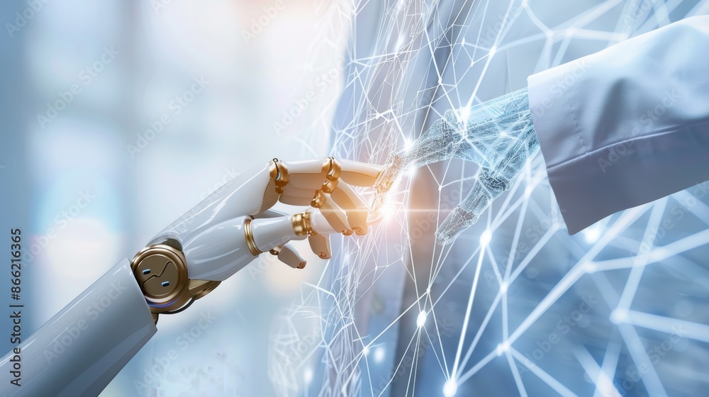 Poster a robot hand and human hand touching, with a digital network overlay, symbolizing artificial intelli