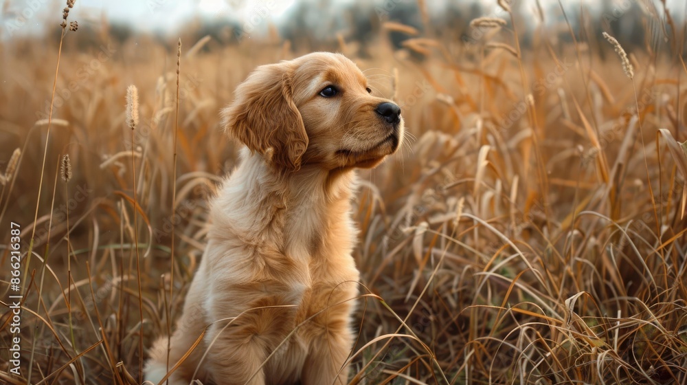 Sticker Golden retriever puppy in a field