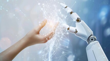 A robot hand and human hand touching, with a digital network overlay, symbolizing artificial intelligence and technological innovation