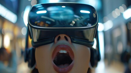 An immersive advertisement for a new virtual reality headset, demonstrating various VR experiences, from gaming to travel to educational content, with close-ups of the headset and users' reactions