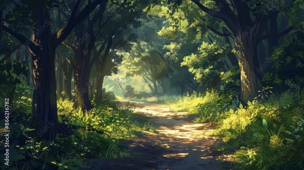 Poster a serene forest path bathed in warm sunlight, with dappled light filtering through the leaves