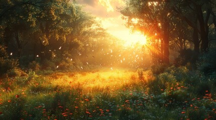Fototapeta premium A serene forest glade bathed in golden sunlight, with birds flying overhead.
