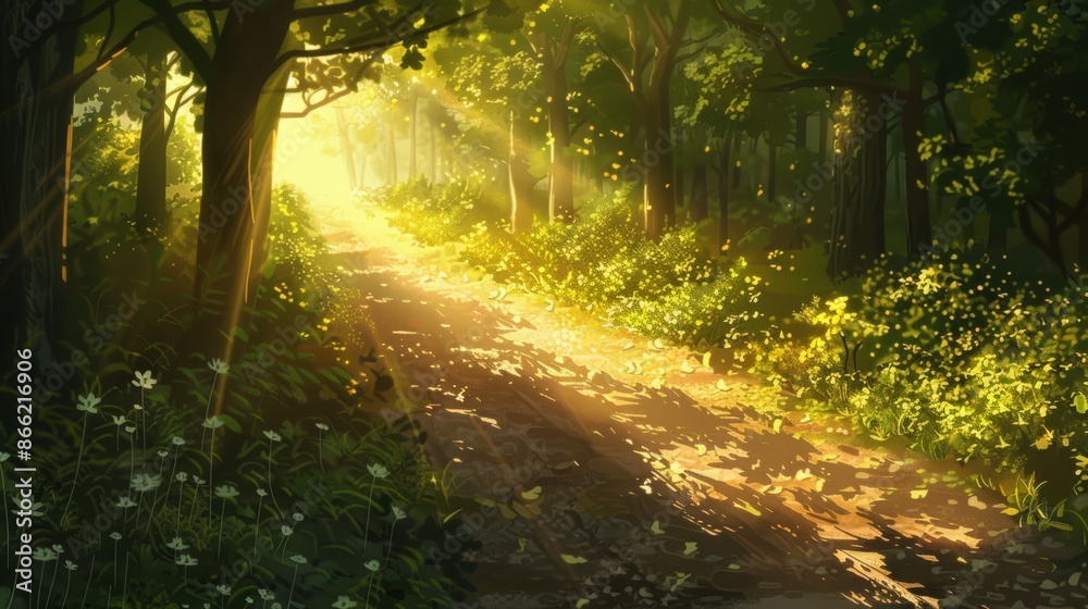 Poster a serene forest path bathed in warm sunlight, with dappled light filtering through the leaves