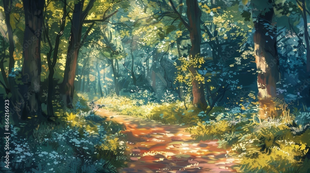 Poster a serene forest path bathed in warm sunlight, with dappled light filtering through the leaves