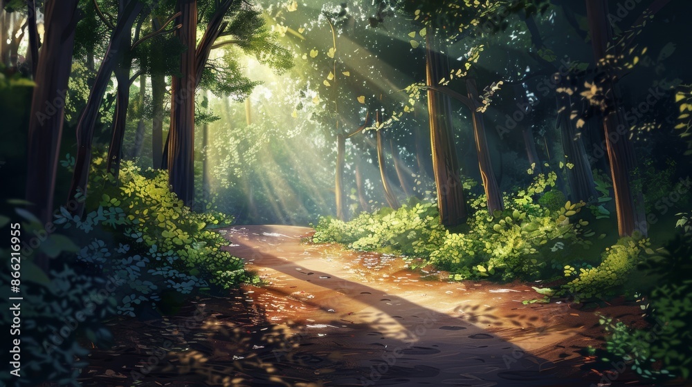 Poster a serene forest path bathed in warm sunlight, with dappled light filtering through the leaves
