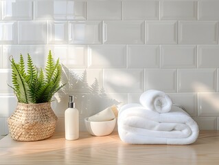 Bright and Clean Bathroom Counter with White Tile Background for Beauty Product Mockups