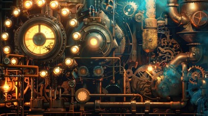 A steampunk illustration with gears, pipes, lights and steam.