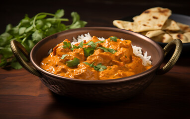 Chicken curry dish in tomato sauce served with rice.