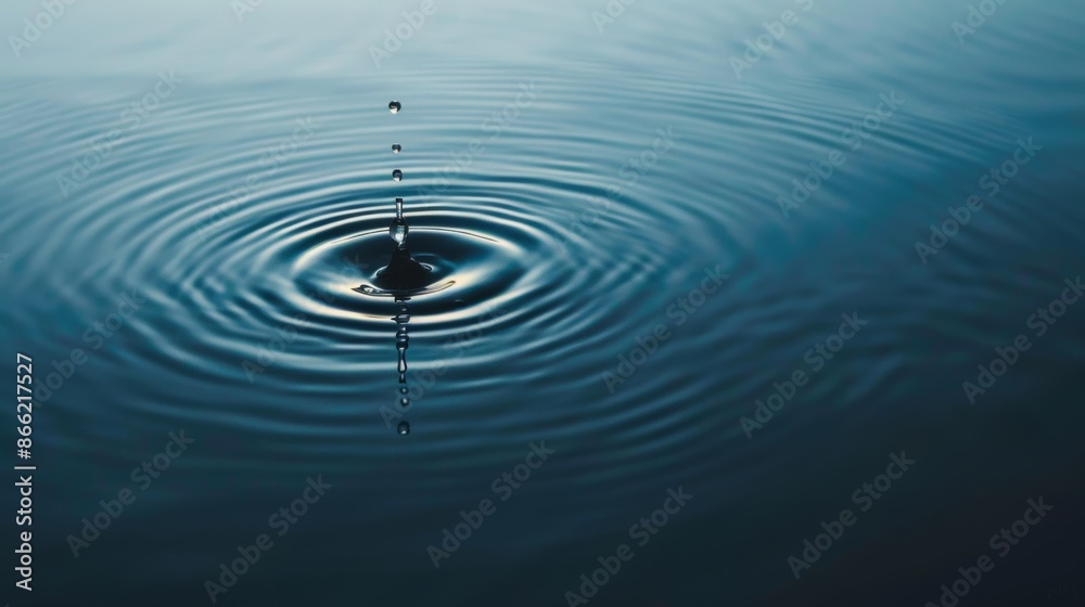 Aufkleber a single clear water drop falling into a calm blue surface, creating perfect circular ripples spread