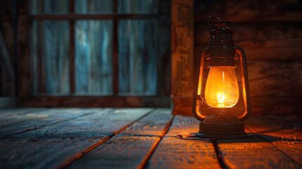 Warm and Nostalgic Glow of a Dimly Lit Oil Lamp in a Rustic Interior