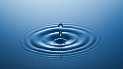 A single clear water drop falling into a calm blue surface, creating perfect circular ripples spreading outward