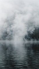 Serene Misty Lake Landscape with Ethereal White Smoke Background and Copy Space