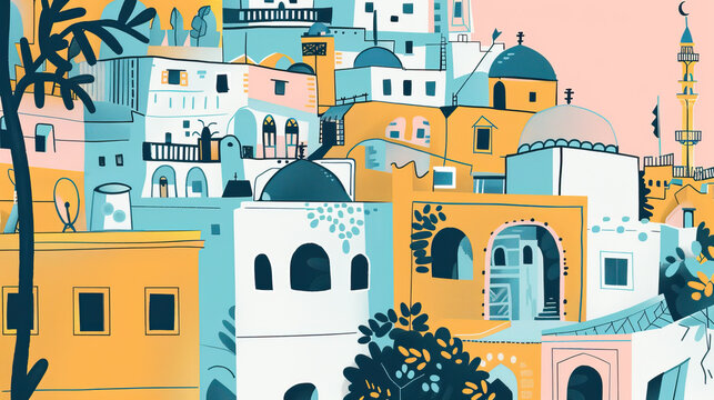 Risograph riso print travel poster, card, wallpaper or banner illustration, modern, isolated, clear and simple of Tunis, Tunisia. Artistic, screen printing, stencil digital duplication