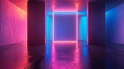 Futuristic, neon lit corridor with a glow in the dark floor.