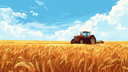 Fototapeta premium A tractor working in a field of wheat