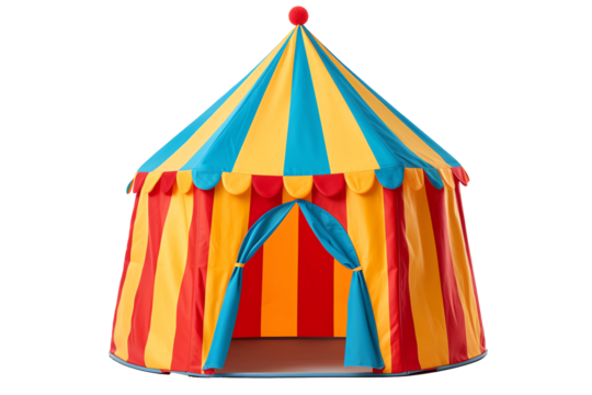 a colorful striped tent with a red pom