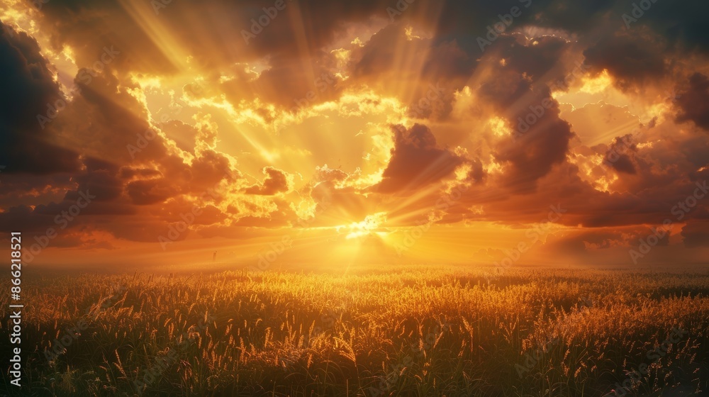 Poster a sunset with the sun's rays filtering through clouds over a tranquil countryside