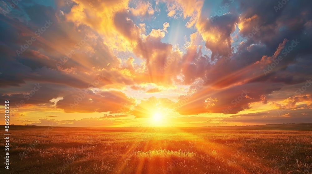 Poster a sunset with the sun's rays filtering through clouds over a tranquil countryside