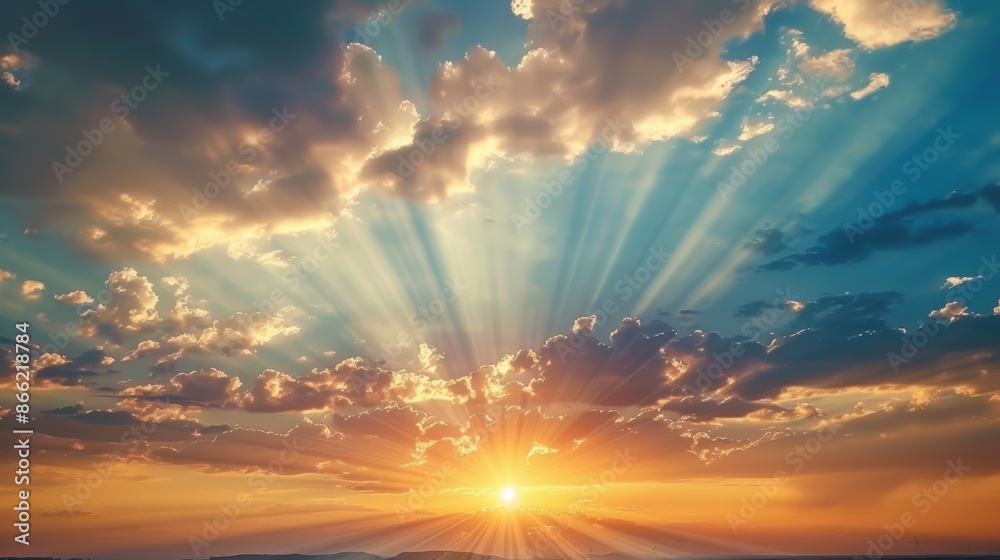 Poster a sunset with the sun's rays filtering through clouds over a tranquil countryside