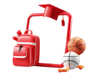 a school bag and backpack with a graduation cap and a white board