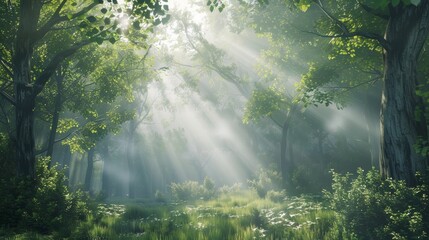 A tranquil forest scene with sunbeams piercing through the fog, creating a mystical atmosphere