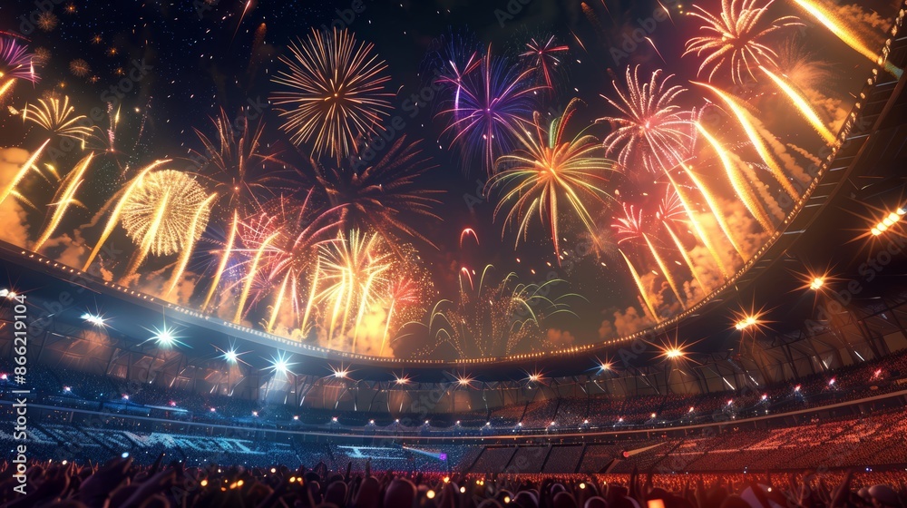 Poster a vibrant array of fireworks lighting up the night over a large stadium, with a cheering crowd and i
