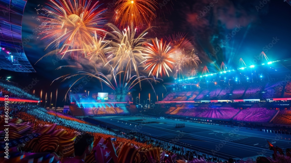 Poster a vibrant array of fireworks lighting up the night over a large stadium, with a cheering crowd and i
