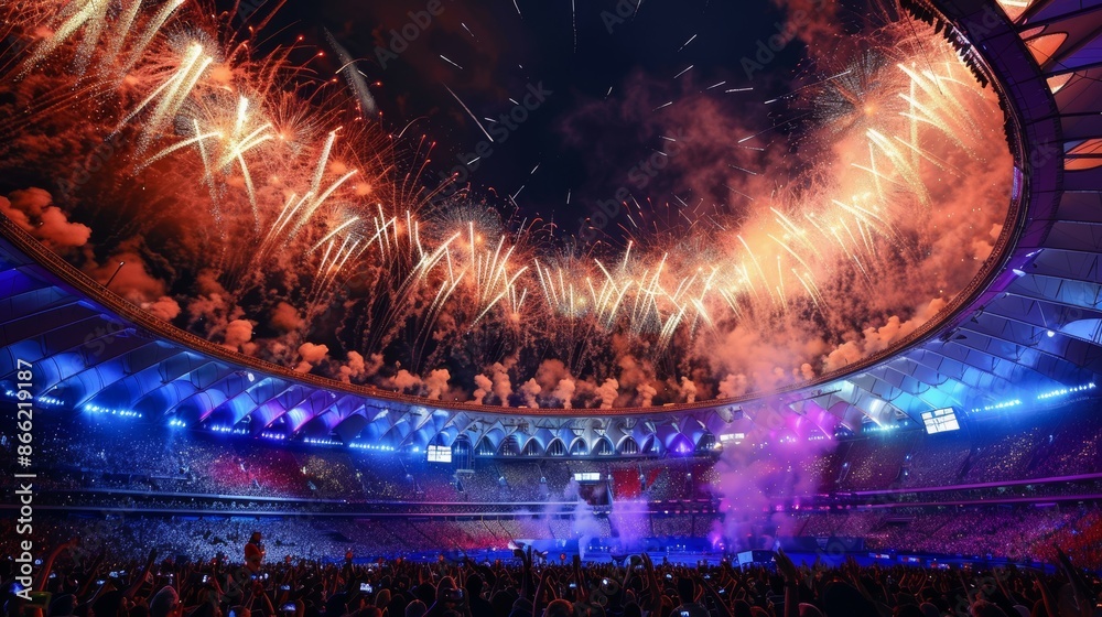 Poster a vibrant array of fireworks lighting up the night over a large stadium, with a cheering crowd and i