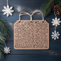 Intricate Laser-Cut Wooden Hanging Decoration with Snowflake Patterns on Wooden Background