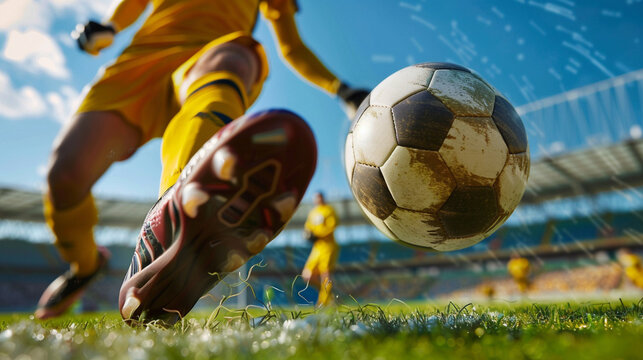 Close-up of a soccer player's foot kicking a ball mid-air