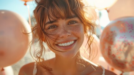 Fototapeta premium A young woman with a beaming smile, looking into the camera, while holding a bunch of balloons.