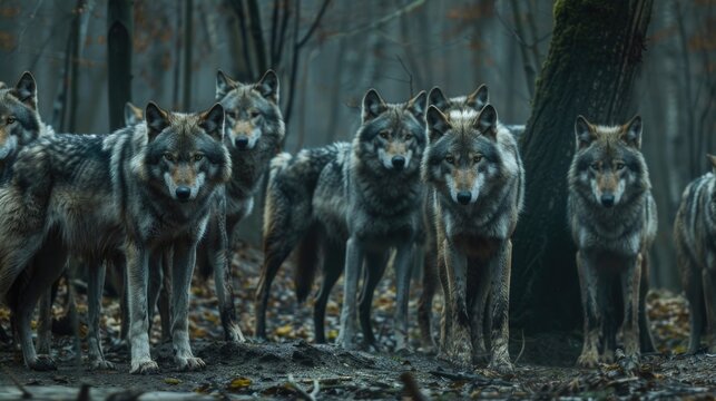 A wolf pack standing in the forest