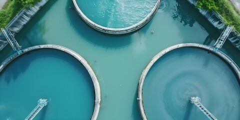 Overview of sewage treatment plant purifying contaminated water. Concept Sewage treatment process, Contaminated water purification, Wastewater treatment plant, Filtration techniques