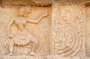 Mural sculpture on stone at Royal Enclosure. Base of Mahanavami Dibba or the Dussehra Platform. Hampi, Karnataka, India, Asia. 