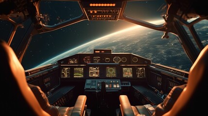 Futuristic spaceship cockpit interior with a view of space station and stars. A large spaceship window show view of space and modern cockpit with control panel with glowing light. Technology. AIG35.