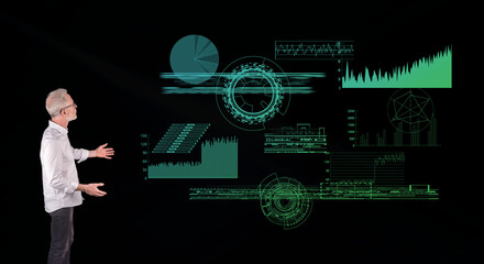 A digital analytics concept explained by a businessman on a wall screen