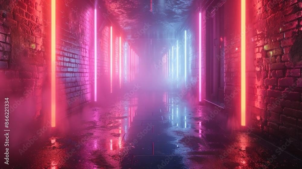 Poster Abstract neon lights casting colorful glows and reflections in a foggy, empty alleyway.