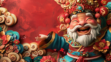 Colorful illustration of a joyful Chinese deity adorned with floral and ornate designs, set against a vibrant red background.