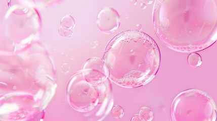  Abstract beautiful transparent soap bubbles floating on pink background.