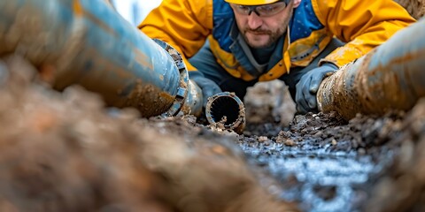 Construction worker repair a sewer line under a street