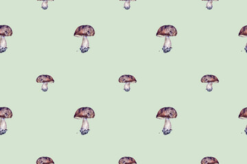 Botanical watercolor hand drawn seamless pattern with mushrooms cep fall forest wild food vegetarian woodland theme wrapping paper, textile design